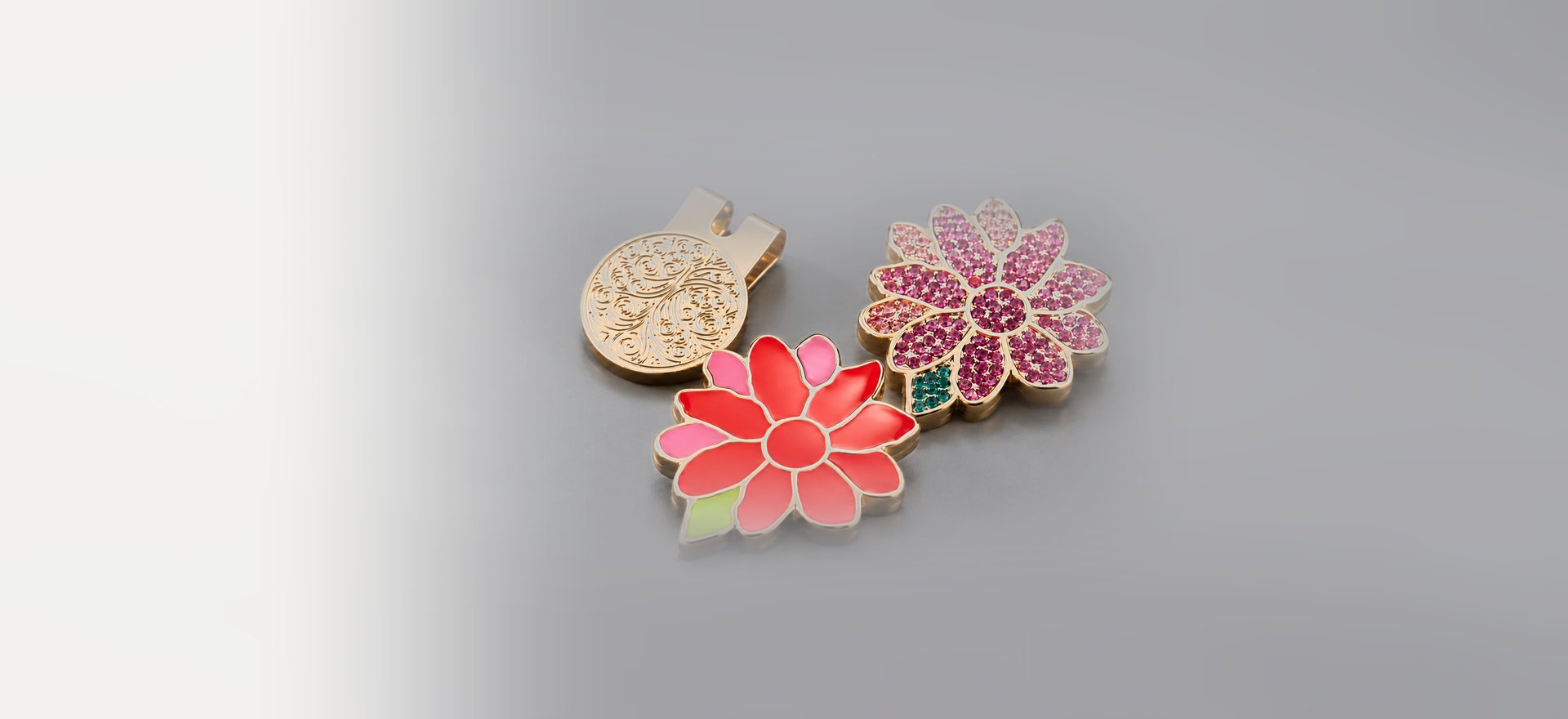 DUMINA flower ball markers in gold, red enamel and pink crystal
